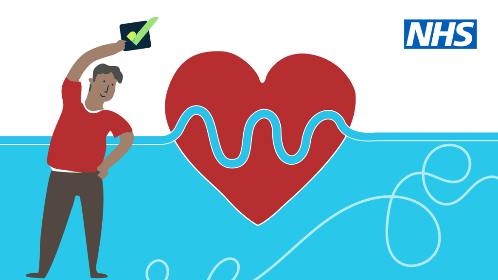 An illustration of a man holding the PIF TICK and leaning over a red heart with a blue pulse line running through it. The NHS logo is in the top right corner.