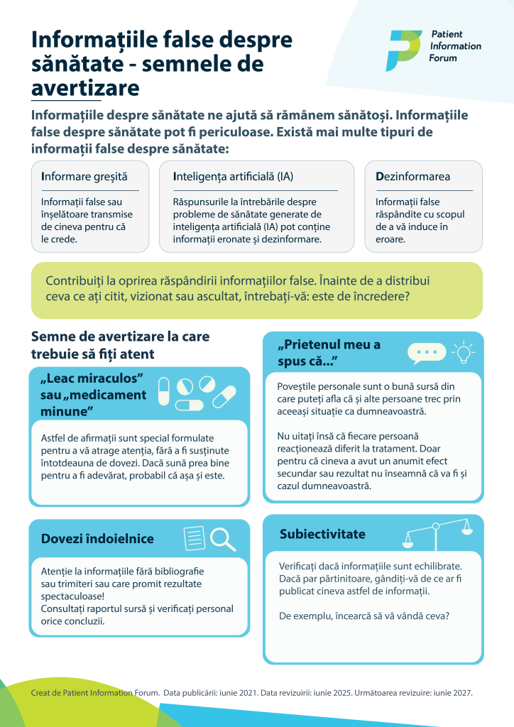 An image of the 'False health information - the warning signs' in Romanian