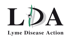 Lyme Disease Action logo featuring the initials "LDA" with a tick on a green blade of grass forming part of the "D".