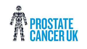 Logo for Prostate Cancer UK featuring a figure made of small black human silhouettes next to bold blue text reading 'Prostate Cancer UK'.