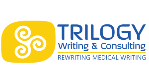 A yellow square with three white spiral shapes and blue text 'TRILOGY Writing & Consulting' with the tagline 'Rewriting Medical Writing' underneath.
