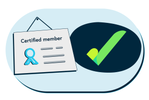 A light blue oval. To the left is a grey certificate which says Certified member. To the right is a dark blue oval with the PIF TICK in the centre.