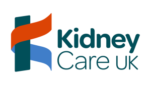 Kidney Care UK logo with a stylised “K” formed by a red and blue ribbon wrapping around a dark green vertical shape.