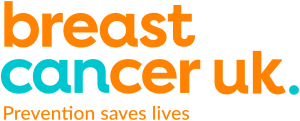 Logo for Breast Cancer UK, featuring the slogan: “Prevention saves lives” — in bright orange and teal colours.