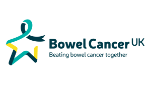 Bowel Cancer UK logo featuring a stylised figure formed from a ribbon and star shape, accompanied by the tagline: “Beating bowel cancer together.”