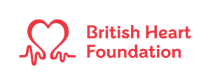 Logo for British Heart Foundation, showing a red heart shape integrated with an ECG line, alongside the organisation name in bold red font.