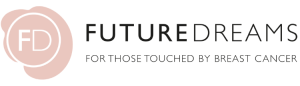 The text "FUTUREDREAMS" with a pink circular design and the tagline "for those touched by breast cancer.