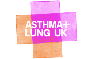 Logo for Asthma + Lung UK featuring bold white uppercase text over overlapping pink and orange rectangles.