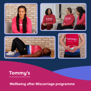 A series of images showing women wearing Tommy's t-shirts. They are talking to each other and carrying out simple exercises.