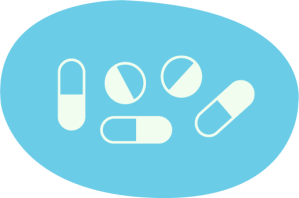 Illustration of various pills and capsules on a blue background.