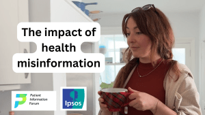 A young woman stands in her kitchen drinking tea. Text on a white background reads: The Impact of health misinformation.