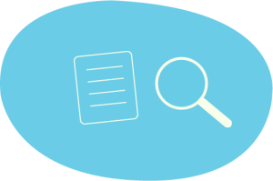 Illustration of a document and magnifying glass on a blue background.