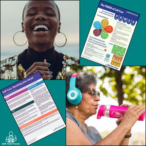 The top half of the image features a woman smiling and the Power of self care fact sheet. The second half includes the boosting your mood poster and a photo of an older woman drinking water.