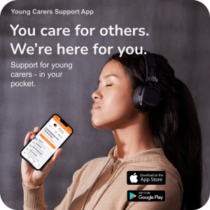 A picture of a young woman wearing headphones. She is holding a phone with the young carers support app open. Text across the top of the image says You care for others. We're here for you. Support for young carers in your pocket