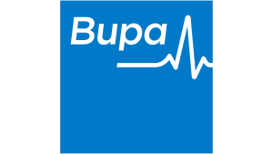 Logo for Bupa UK, featuring white lowercase text and a heartbeat line on a bright blue background.