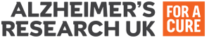 Alzheimer's Research UK, 'for a cure' written in an orange square.