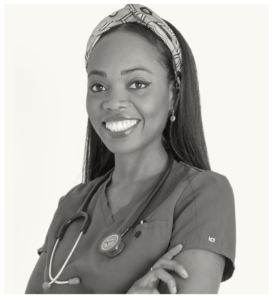 A photo of Dr Aziza Sesay in black and white. She is wearing medical scrubs and has a stethoscope around her neck.