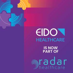 Purple and pink graphic featuring colourful interlocking puzzle pieces and the text “EIDO Healthcare is now part of Radar Healthcare”,