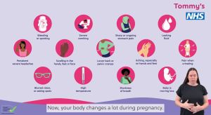 A screenshot of the warning signs in pregnancy video. A BSL translator is in the bottom right corner.