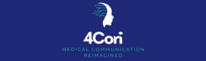 Logo for 4Cori, featuring a stylised human profile with digital circuit lines, accompanied by the tagline 'Medical Communication Reimagined.