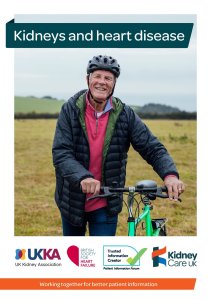 The front page of the kidney and heart disease booklet. It features a photo of a man pushing a bike.