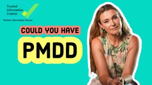 A photo of Dr Sophie GP in front of a bright blue background. Text to the left reads: Could you have PMDD?