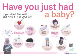 The Have you just had a baby poster features simple illustrations and advice to call your GP or 111 if you feel unwell.