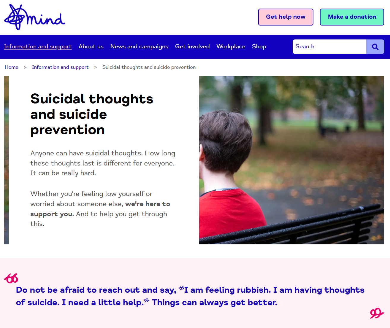 Web page: Suicidal thoughts and suicide prevention - PIF TICK