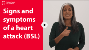 A still from the BHF Signs and symptoms of a heart attack BSL video. It shows a woman signing and a play button.