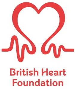 A red illustration of a heart with pulse lines either side. Text reads: British Heart Foundation.