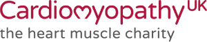 The word "Cardiomyopathy" is written in dark red lowercase letters, with a heart shape replacing the second "o". "UK" appears in smaller font at the top right. Below, the tagline "the heart muscle charity" is written in grey.