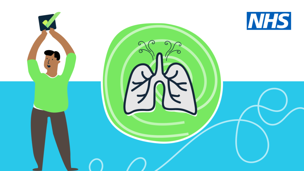 A white and blue background. There are two illustrations in the centre. One is of a man in a green T-shirt holding up the PIF TICK. The other is a pair of lungs in a bright green circle. The NHS logo appears in the top right corner.