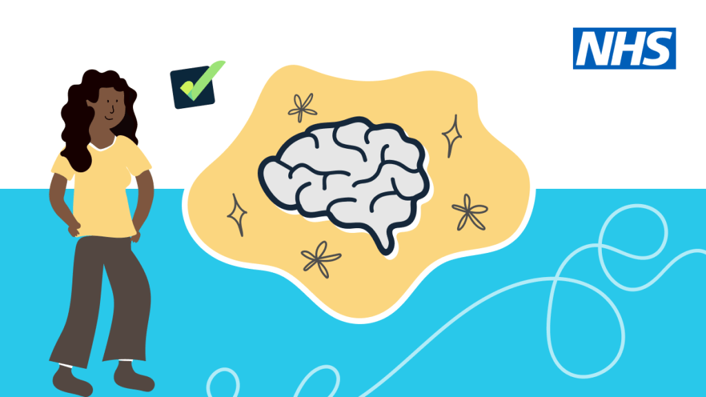 A white and blue background. There are two illustrations in the centre. One is of a woman wearing a yellow top with her hands on her hips. The other is a cartoon depiction of a brain on a pale yellow background. The NHS logo appears in the top right corner