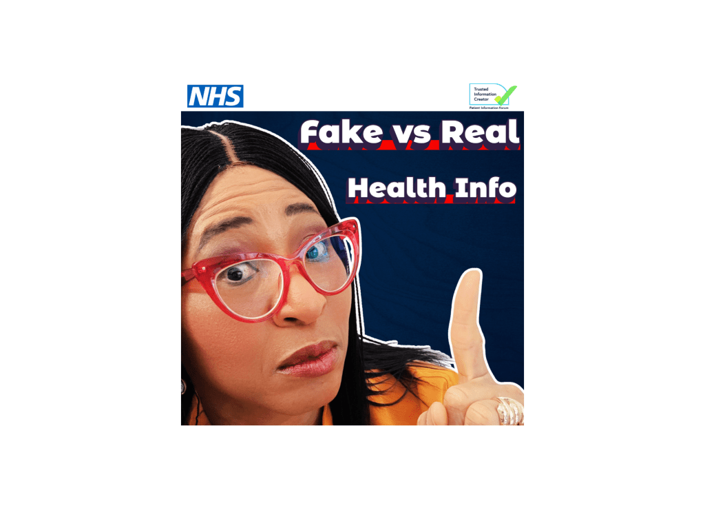 Picture of Dr Sylvia Kama-Kieghe pointing to the words Fake vs real health info