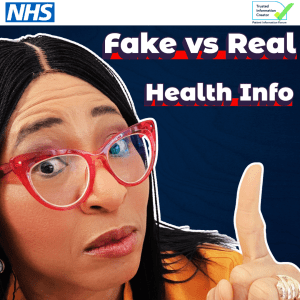 Picture of Dr Sylvia Kama-Kieghe pointing to the words Fake vs real health info