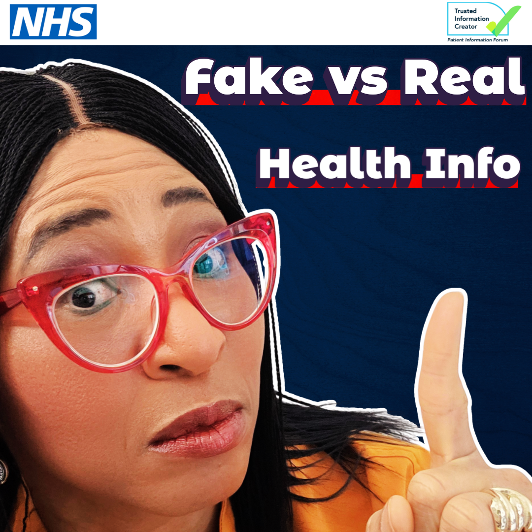 Picture of Dr Sylvia Kama-Kieghe pointing to the words Fake vs real health info
