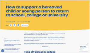 A screenshot of the top of the webpage How to support a bereaved child or young person to return to school, college or university on the Marie Curie website