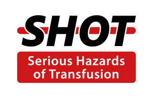 SHOT in black text with a red line across the text. Serious Hazards of Transfusion on a red background